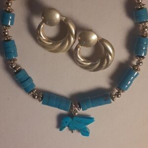 Artisan Turquise Hummingbird on Sterling & ST Beaded Necklace + 925 Hoops